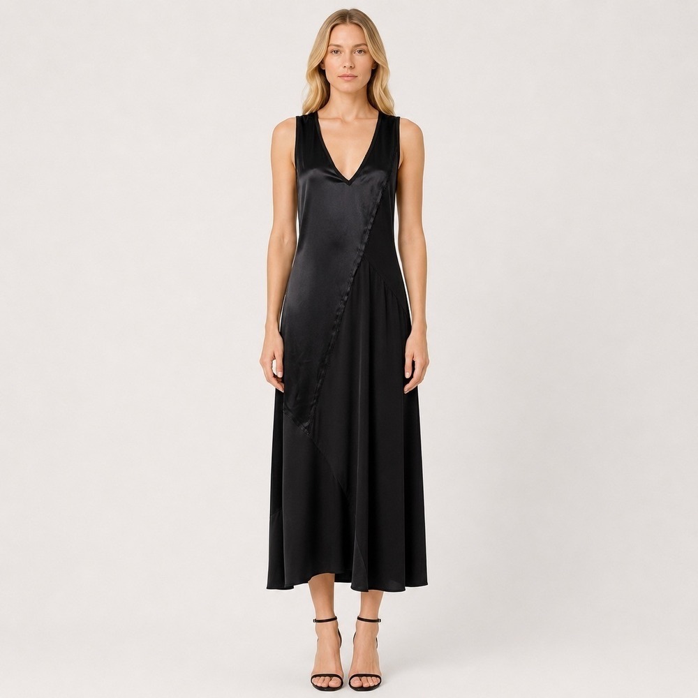 Go Silk Washable Silk Dress Womens XS Black Matte Satin Mixed Panel Midi V Neck